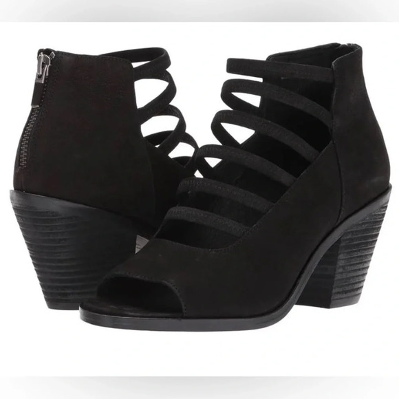 Eileen Fisher James Strappy Nubuck Leather Peep Toe Heels, Black - Picture 10 of 10